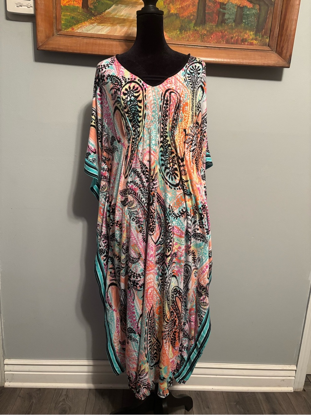 Ellen Tracy Paisley Maxi Kaftan in Aqua, Coral, Pink & Black Sz S/M